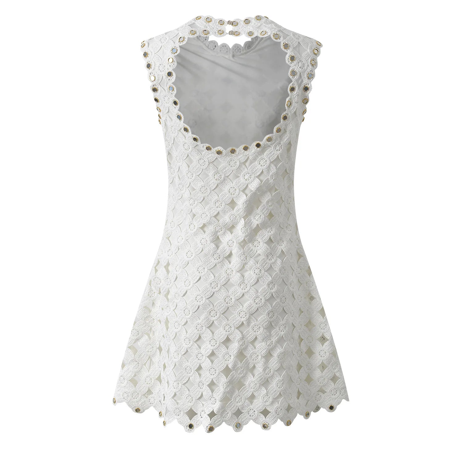 Trend4us Luxe Mirror-Embellished Crochet A-Line Mini Dress back view