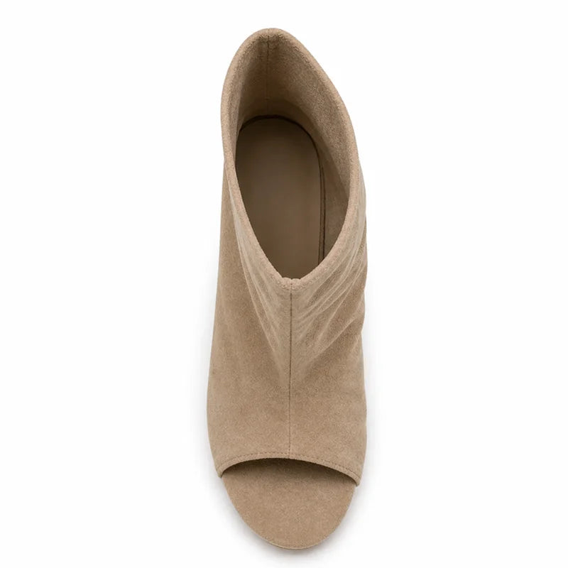 Trend4us Luxe Suede Peep-Toe Wedge Ankle Booties