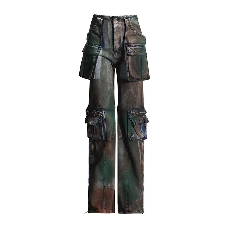 Trend4us Streetwear Vintage Multi-Pocket Wide-Leg Cargo Jeans