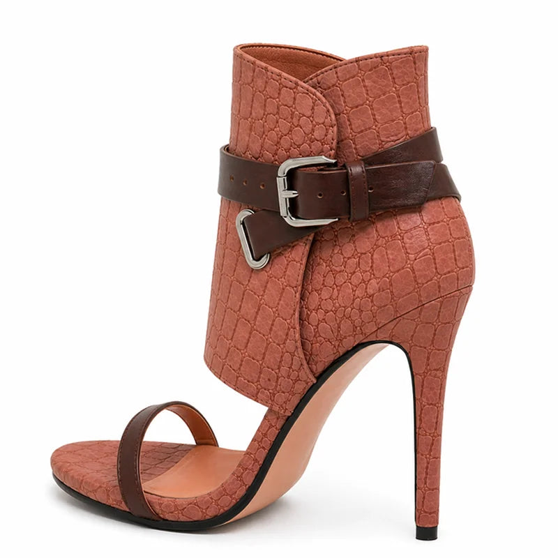 Trend4us Luxe Embossed Buckle Open-Toe Stiletto Booties