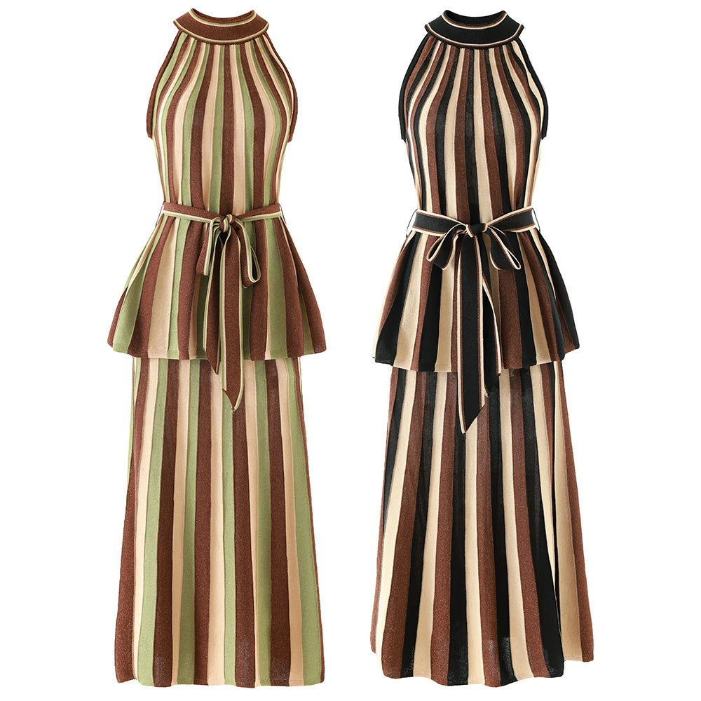 Two sleeveless striped outfit set shown side by side against a plain white background. The dress on the left features vertical stripes in brown, beige, and olive green with a tie waist.