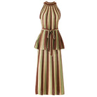 A sleeveless halter-neck outfit set with vertical brown, olive green, and beige stripes, featuring a peplum waist and a matching tie belt, shown on a plain white background.