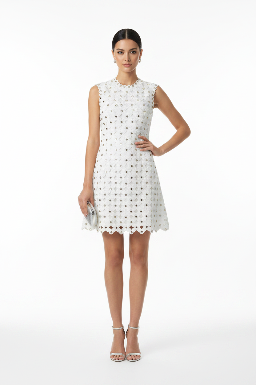 Trend4us Luxe Mirror-Embellished Crochet A-Line Mini Dress
