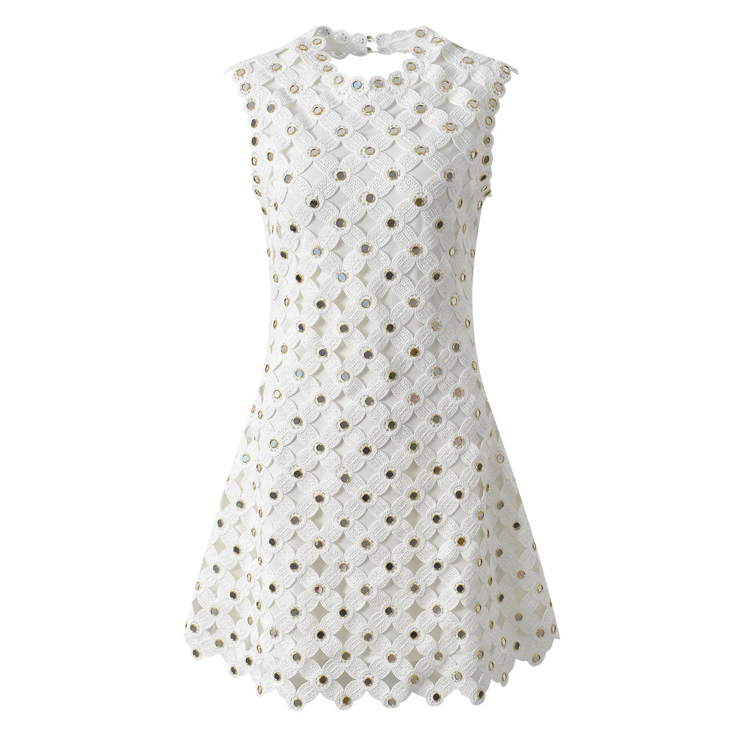Trend4us Luxe Mirror-Embellished Crochet A-Line Mini Dress front view
