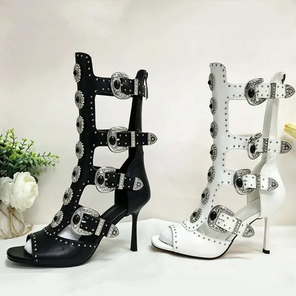 Trend4us Luxe Studded Buckle Cutout Gladiator Stiletto Boots