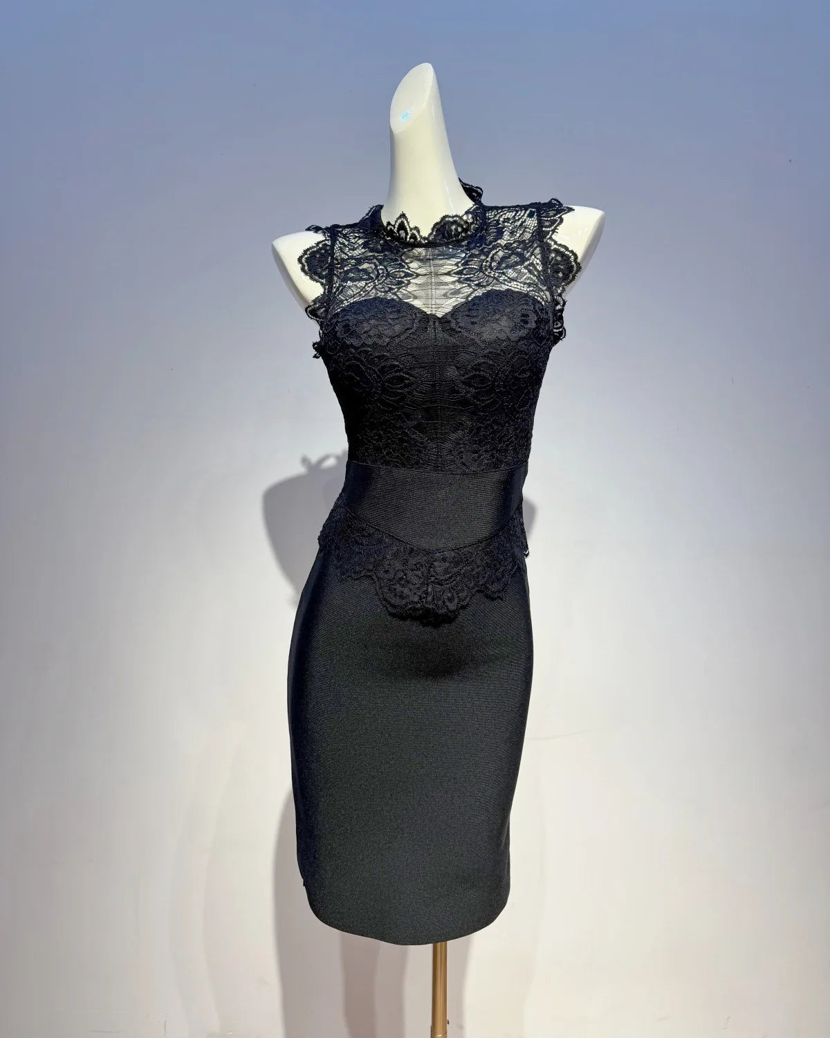 Trend4us Luxe Lace Illusion Bodycon High Waist Pencil Dress in black