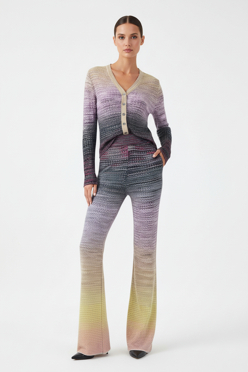 A model stands against a light gray studio background wearing a matching two-piece knit set consisting of a long-sleeve button-front top and flared pants. The knit fabric features a vertical gradient transitioning from beige at the top, through lavender and purple, to gray, and ending with soft pink and pale yellow at the bottom.
