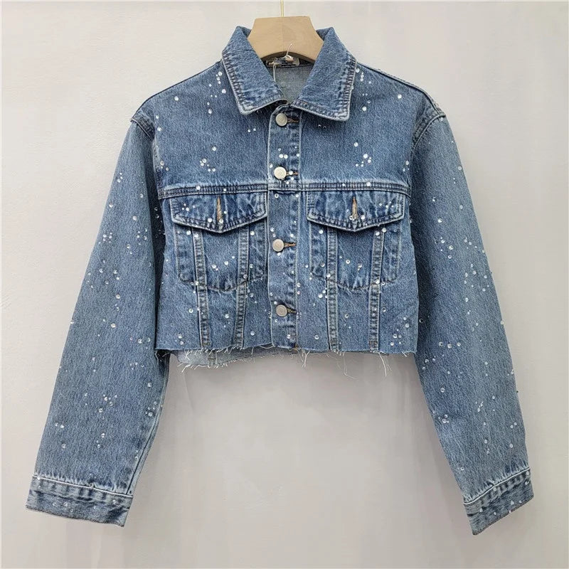 Trend4us Luxe Crystal Cropped Denim Jacket & Wide-Leg Jeans Set