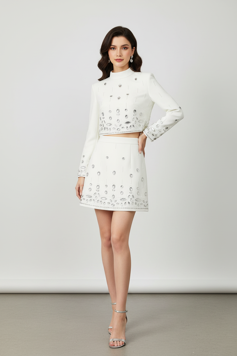 Trend4us Luxe Crystal Embellished Mock Neck Skirt Set in white