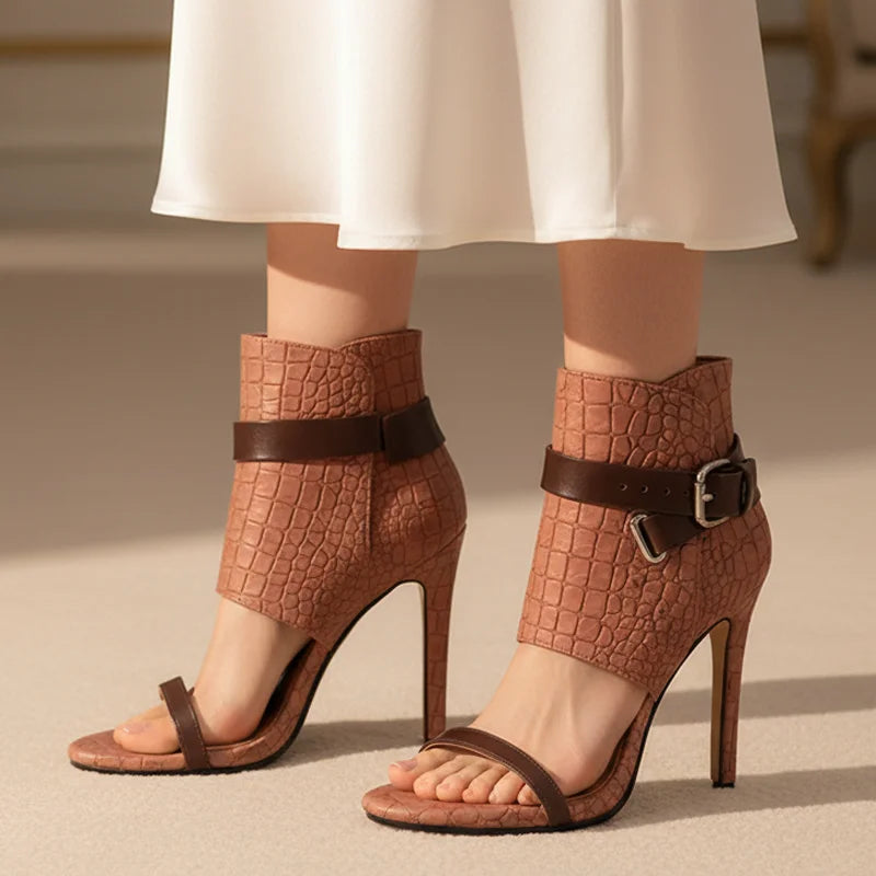Trend4us Luxe Embossed Buckle Open-Toe Stiletto Booties