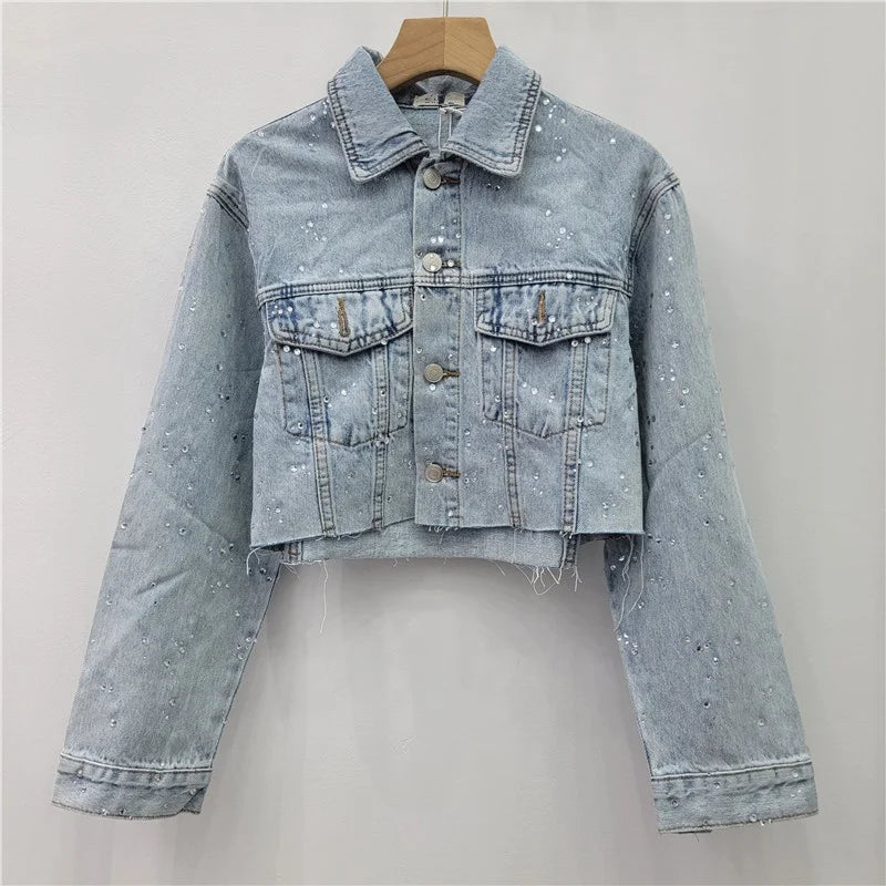 Trend4us Luxe Crystal Cropped Denim Jacket & Wide-Leg Jeans Set