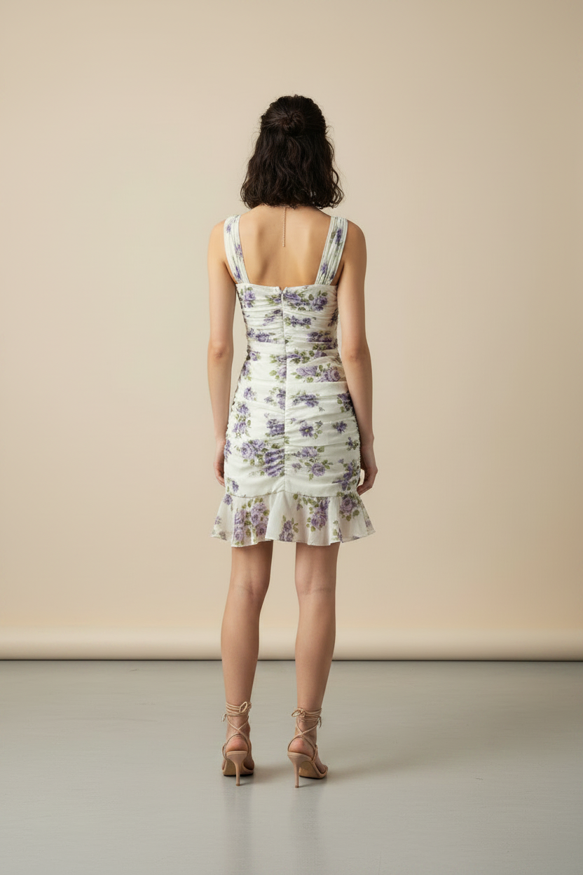 Trend4us Chiffon Mesh Floral Ruched Mermaid Mini Dress