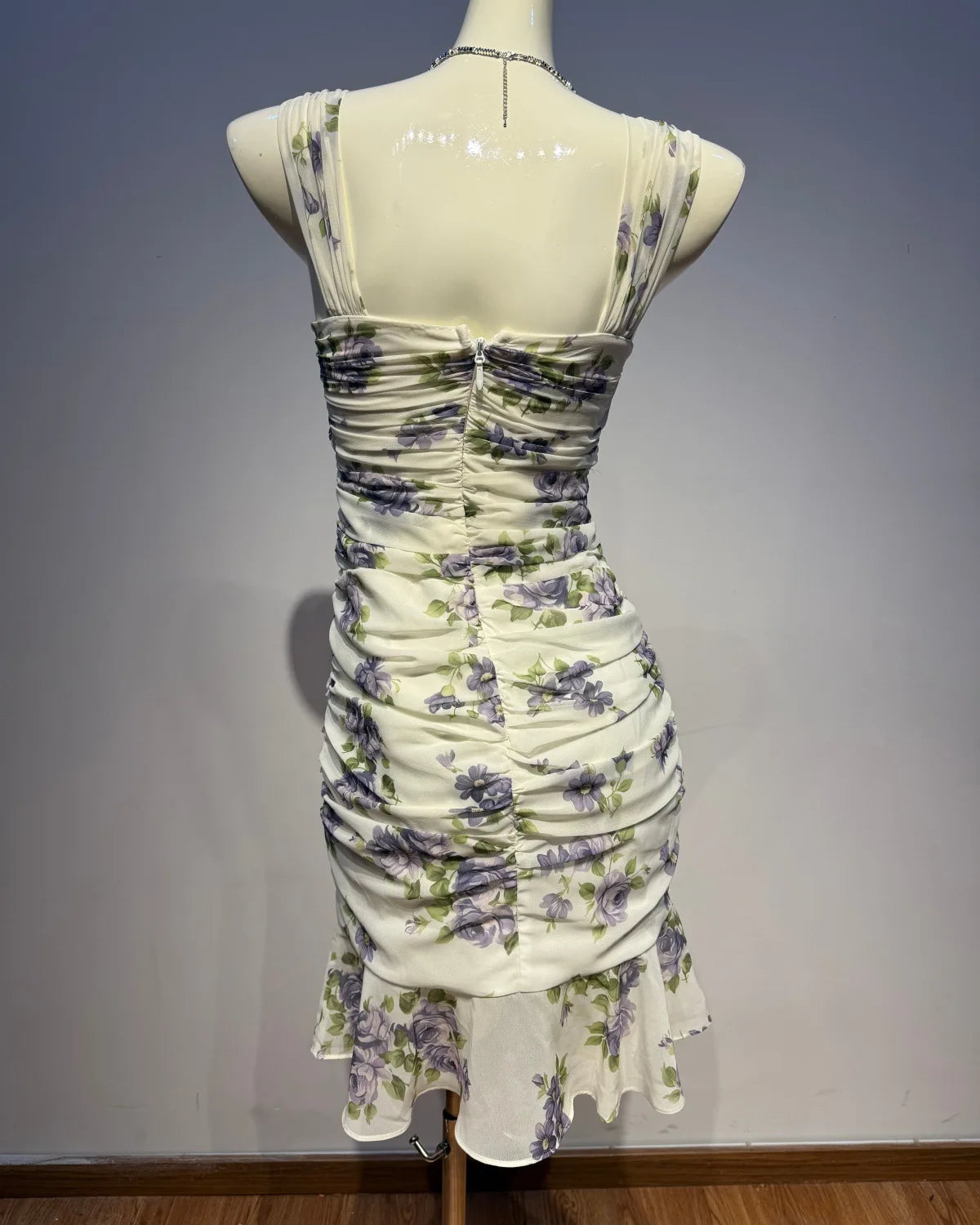 Trend4us Chiffon Mesh Floral Ruched Mermaid Mini Dress back view