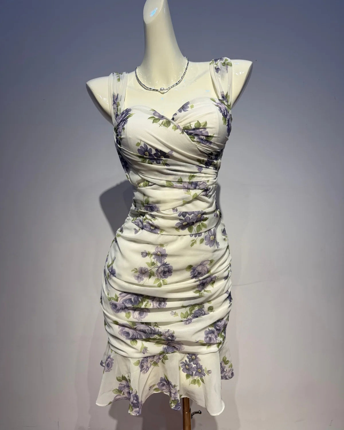 Trend4us Chiffon Mesh Floral Ruched Mermaid Mini Dress