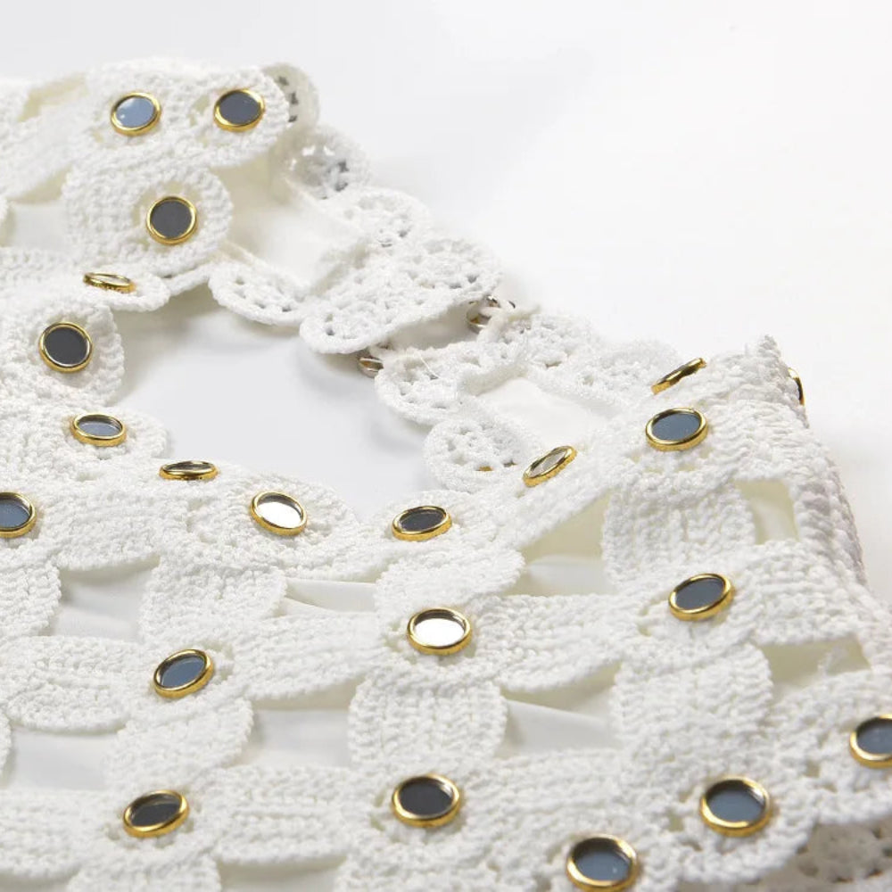 Trend4us Luxe Mirror-Embellished Crochet A-Line Mini Dress closer view
