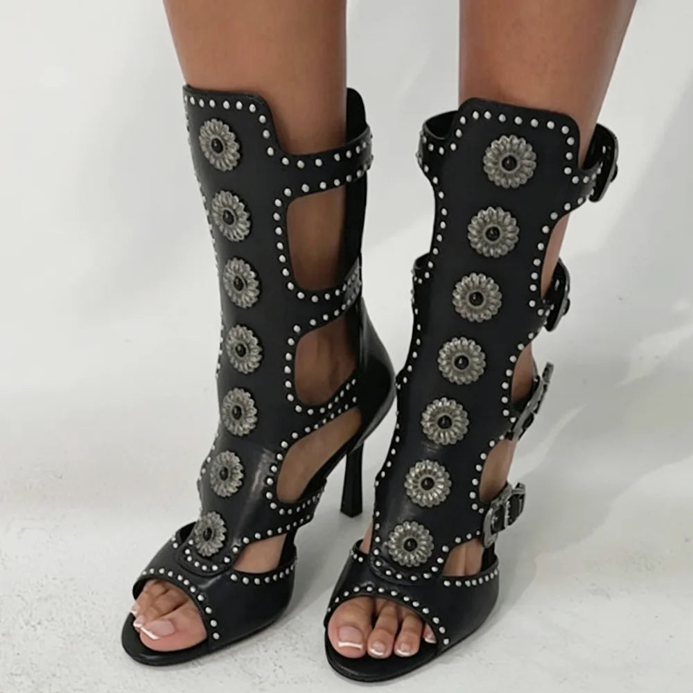 Trend4us Luxe Studded Buckle Cutout Gladiator Stiletto Boots