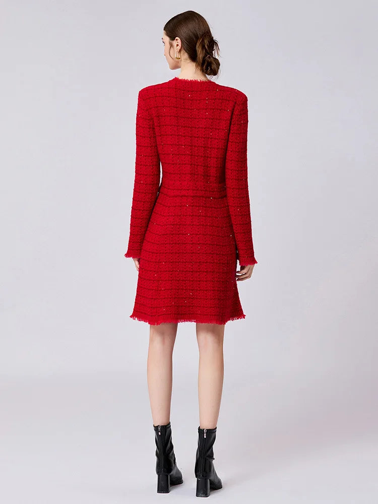 A model viewed from the back wearing a red tweed long-sleeve dress with a frayed hem and black ankle boots, set against a plain light gray studio background.