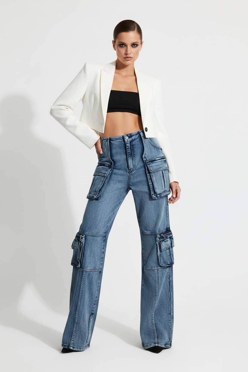 Trend4us Streetwear Vintage Multi-Pocket Wide-Leg Cargo Jeans