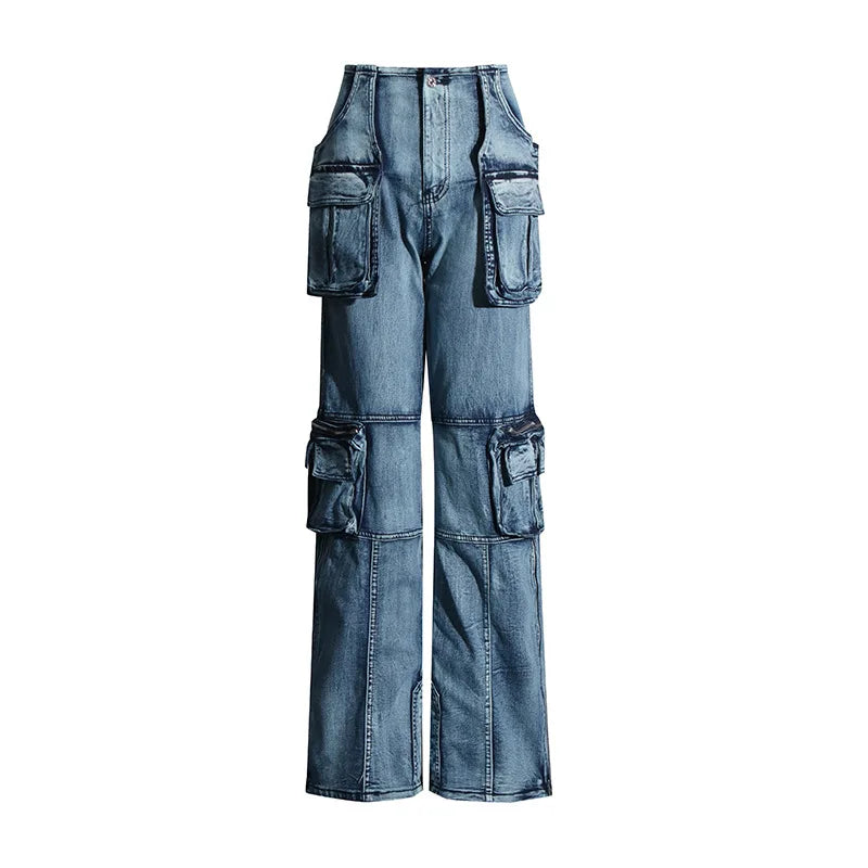 Trend4us Streetwear Vintage Multi-Pocket Wide-Leg Cargo Jeans