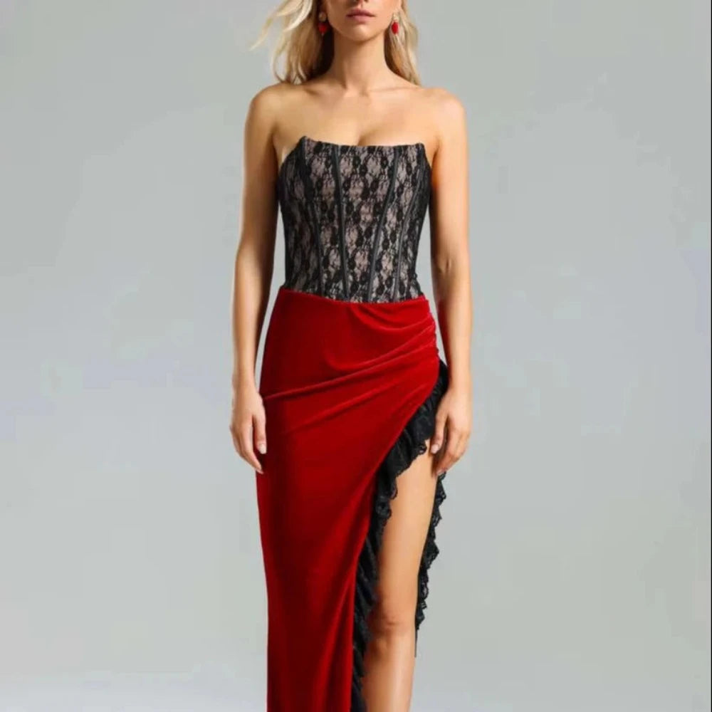 "Trend4us Women’s Strapless Lace and Velvet Slit Gown - Front View"