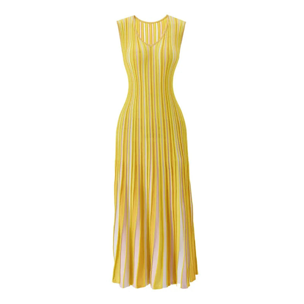 A sleeveless, scoop-neck maxi dress with vertical yellow, white, and light orange stripes, shown against a plain white background.