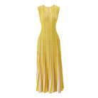 A sleeveless, scoop-neck maxi dress with vertical yellow, white, and light orange stripes, shown against a plain white background.