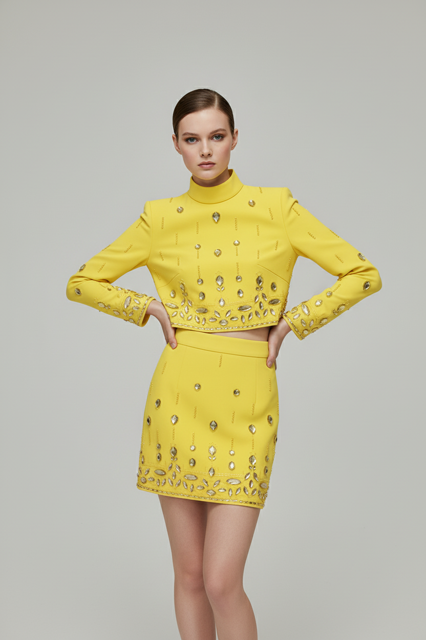 Trend4us Luxe Crystal Embellished Mock Neck Skirt Set in yellow