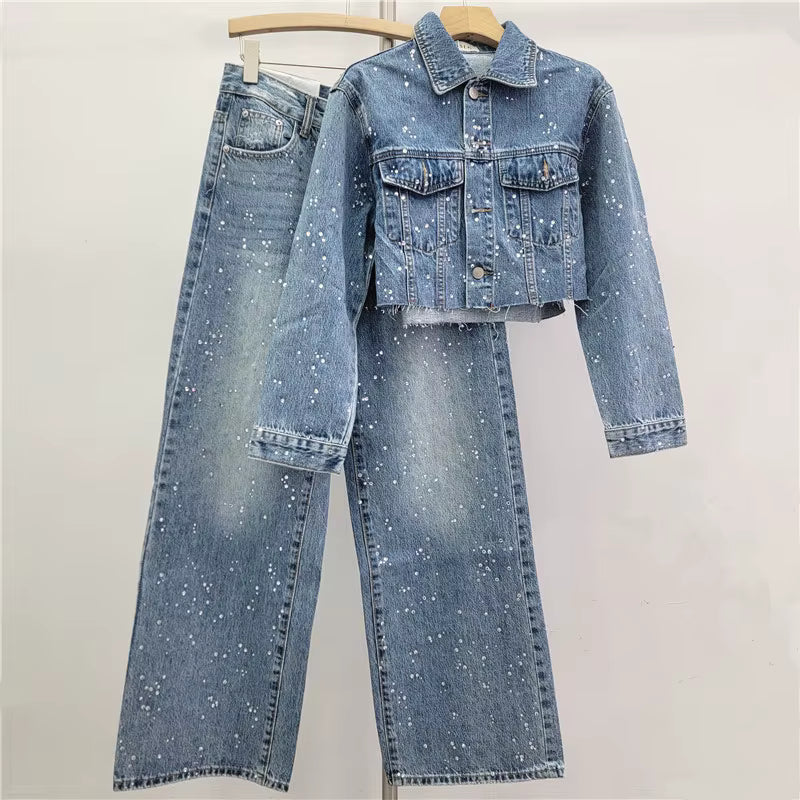 Trend4us Luxe Crystal Cropped Denim Jacket & Wide-Leg Jeans Set in dark blue