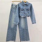 Trend4us Luxe Crystal Cropped Denim Jacket & Wide-Leg Jeans Set in dark blue