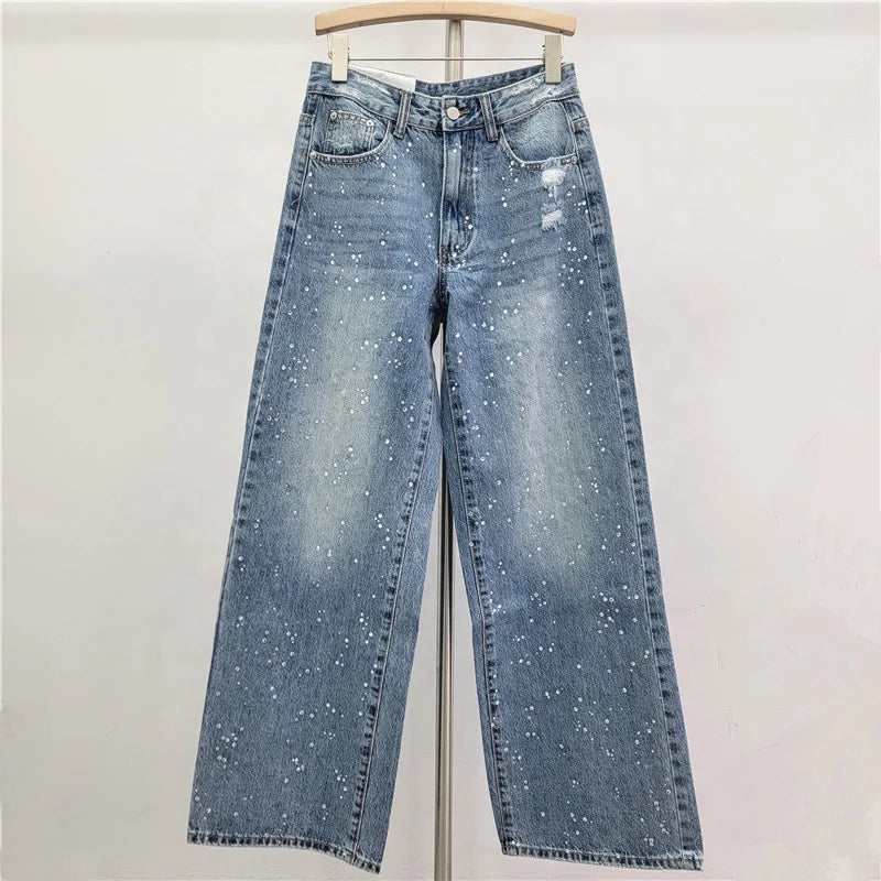 Trend4us Luxe Crystal Cropped Denim Jacket & Wide-Leg Jeans Set