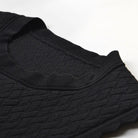 Close-up of a black textured knit garment, showing the ribbed crew neck collar and fine fabric weave on a white background.