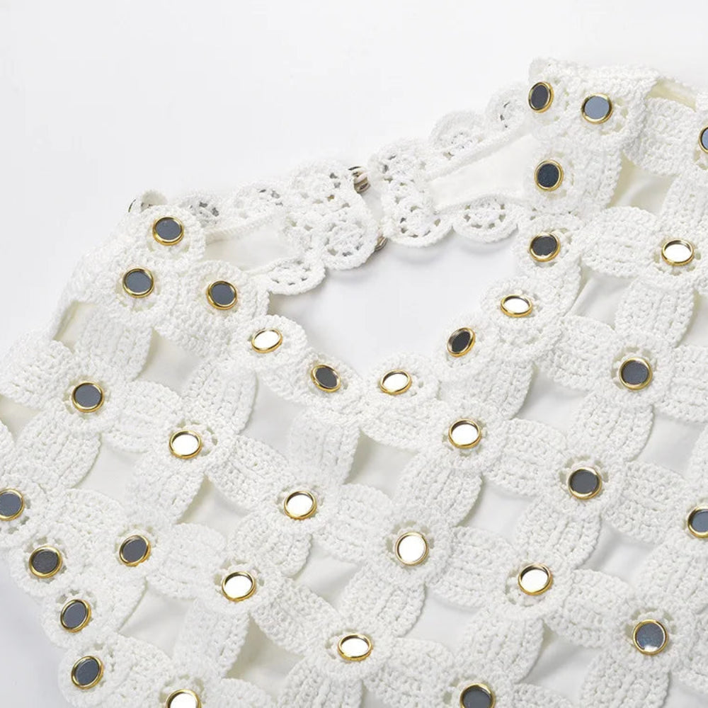 Trend4us Luxe Mirror-Embellished Crochet A-Line Mini Dress closer view