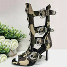Trend4us Luxe Studded Buckle Cutout Gladiator Stiletto Boots