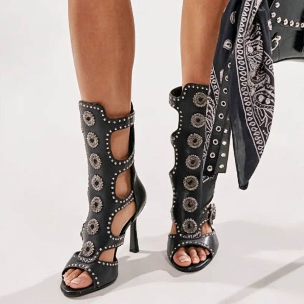 Trend4us Luxe Studded Buckle Cutout Gladiator Stiletto Boots