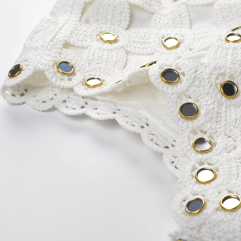 Trend4us Luxe Mirror-Embellished Crochet A-Line Mini Dress closer view