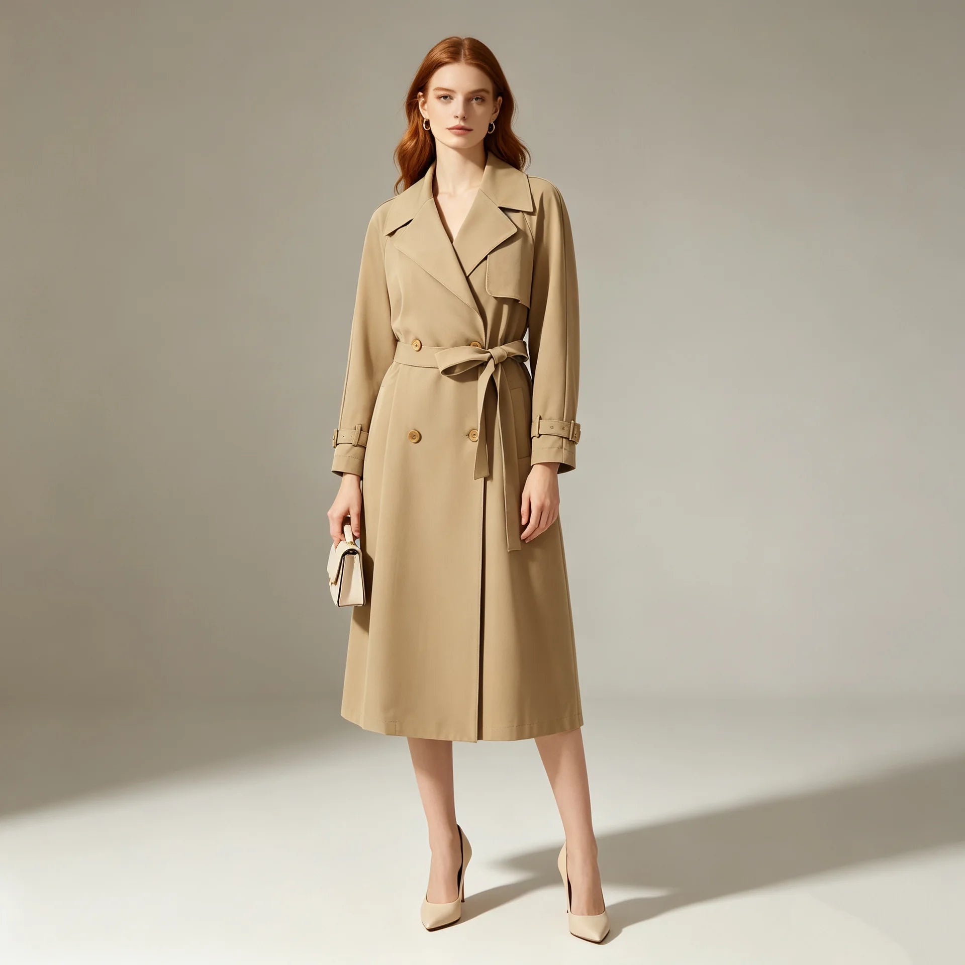 A woman stands against a plain light gray studio background wearing a beige trench coat with a matching waist tie.