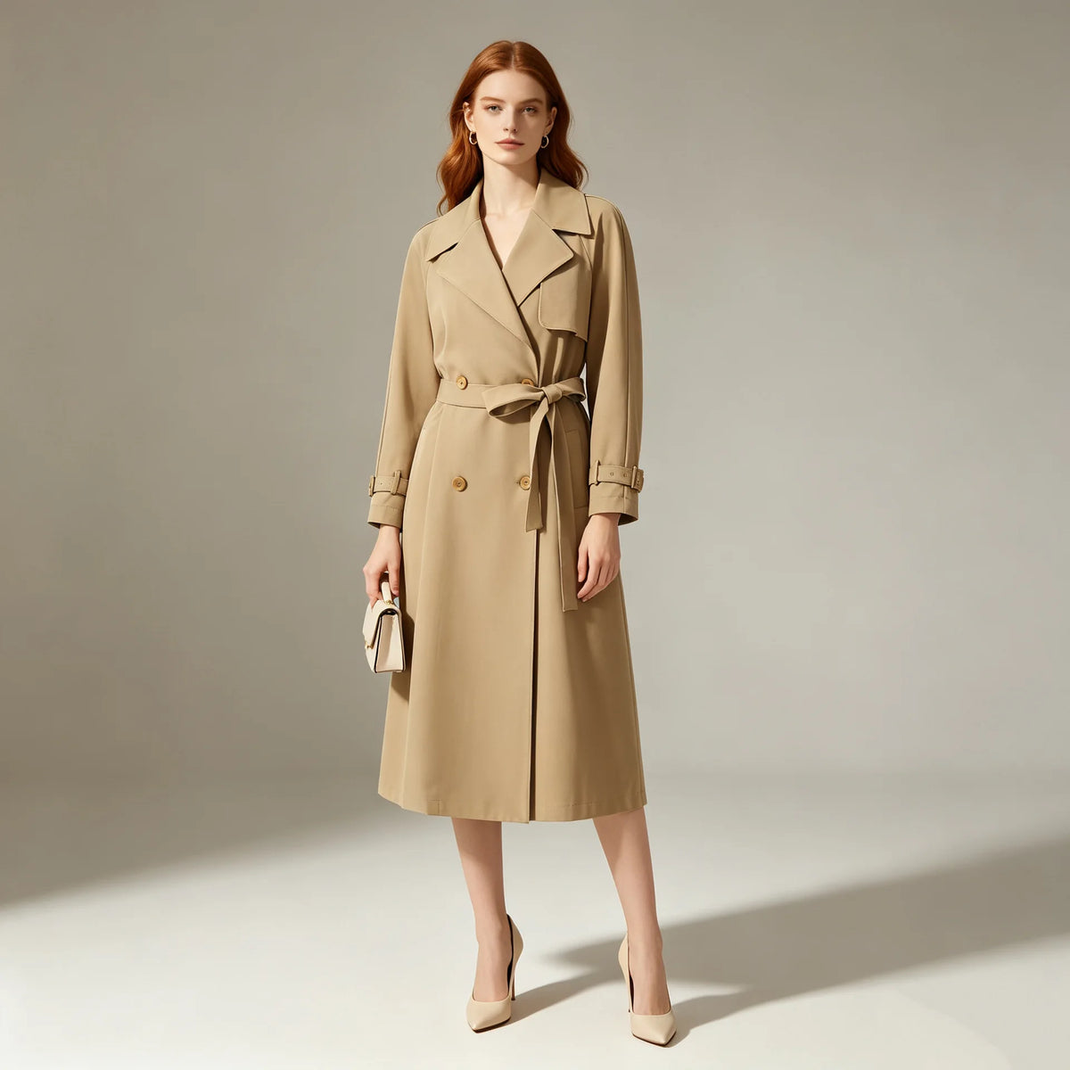A woman stands against a plain light gray studio background wearing a beige trench coat with a matching waist tie.