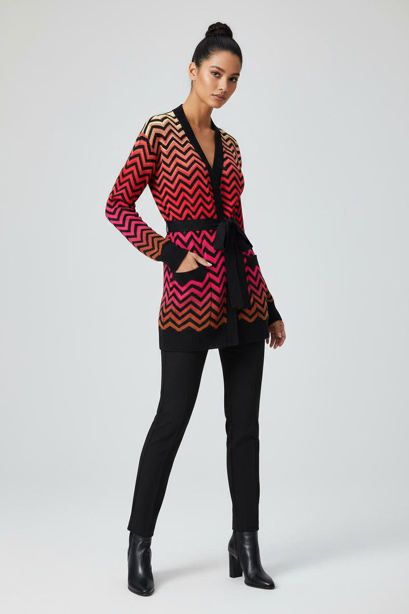 A model wearing a long-sleeve wrap-style cardigan with a vibrant red, orange, and black chevron pattern, paired with black pants and black ankle boots, against a light gray studio background.