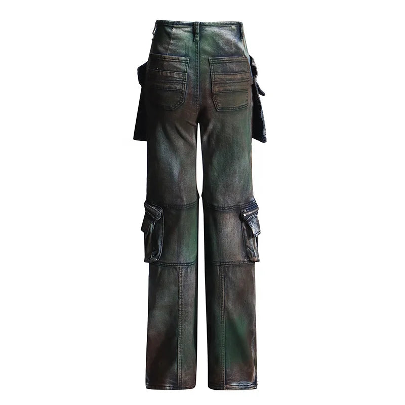 Trend4us Streetwear Vintage Multi-Pocket Wide-Leg Cargo Jeans