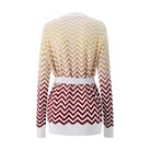 A long-sleeve knit cardigan shown from the back, featuring a chevron pattern that fades from cream and beige at the top to deep burgundy at the bottom, finished with a matching white belt.
