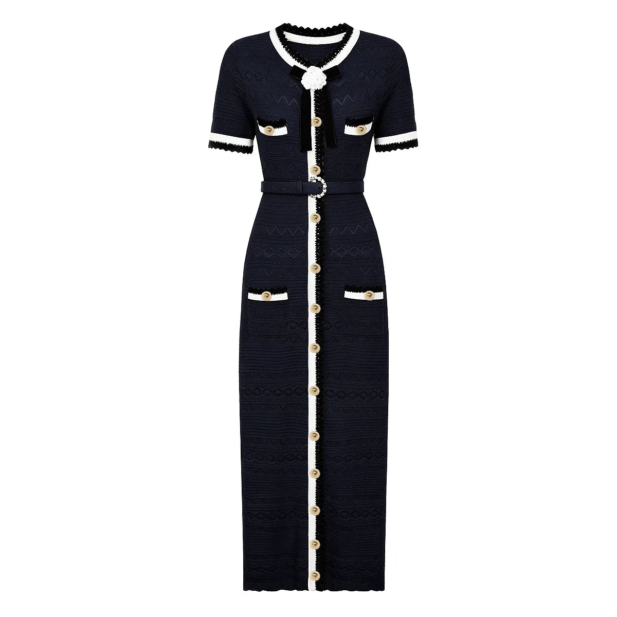 A short-sleeve knit maxi dress in navy blue with white trim and gold-tone button accents, shown on a plain white background.