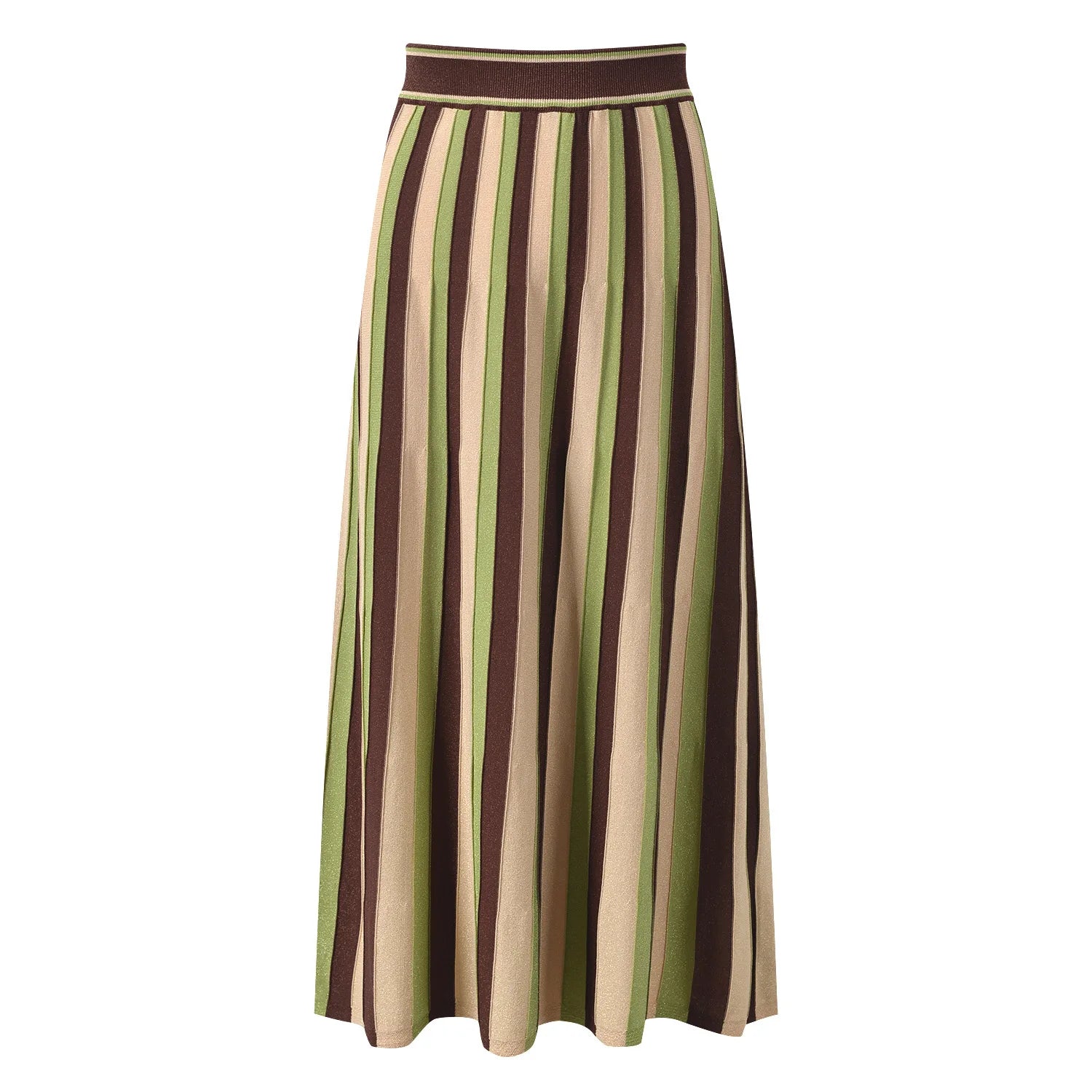 A high-waisted, A-line midi skirt featuring vertical stripes in olive green, dark brown, and beige, with a matching dark brown elastic waistband.