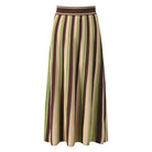 A high-waisted, A-line midi skirt featuring vertical stripes in olive green, dark brown, and beige, with a matching dark brown elastic waistband.