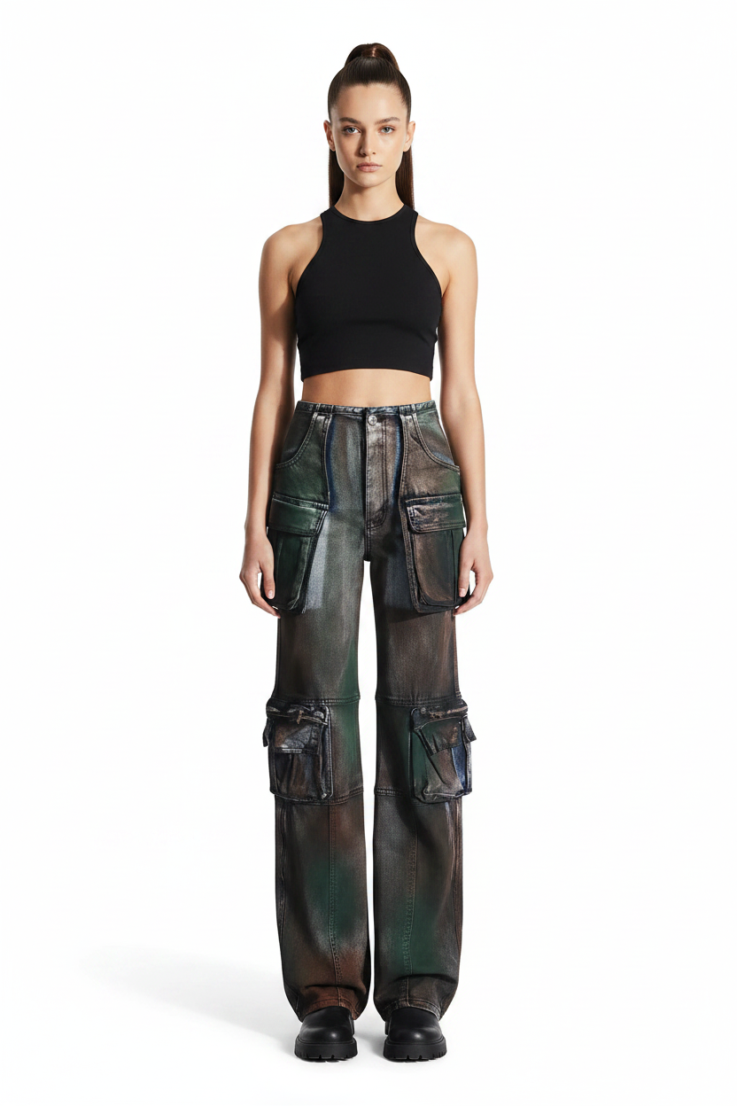 Trend4us Streetwear Vintage Multi-Pocket Wide-Leg Cargo Jeans