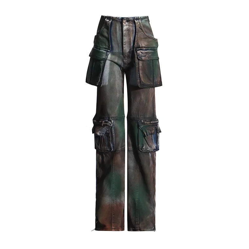 Trend4us Streetwear Vintage Multi-Pocket Wide-Leg Cargo Jeans