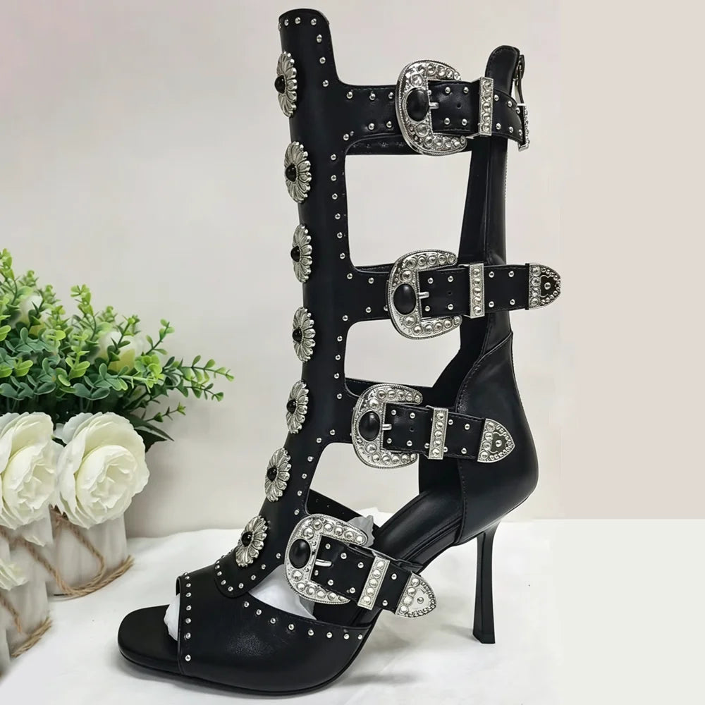 Trend4us Luxe Studded Buckle Cutout Gladiator Stiletto Boots