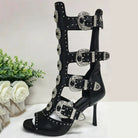 Trend4us Luxe Studded Buckle Cutout Gladiator Stiletto Boots