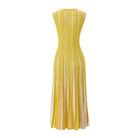 A sleeveless yellow and white vertically striped midi dress with a pleated design, shown from the back on a plain white background.