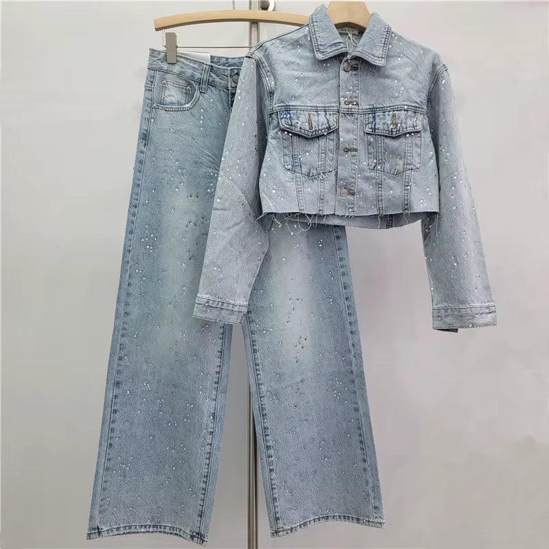 Trend4us Luxe Crystal Cropped Denim Jacket & Wide-Leg Jeans Set in blue