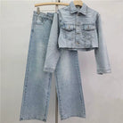 Trend4us Luxe Crystal Cropped Denim Jacket & Wide-Leg Jeans Set in blue